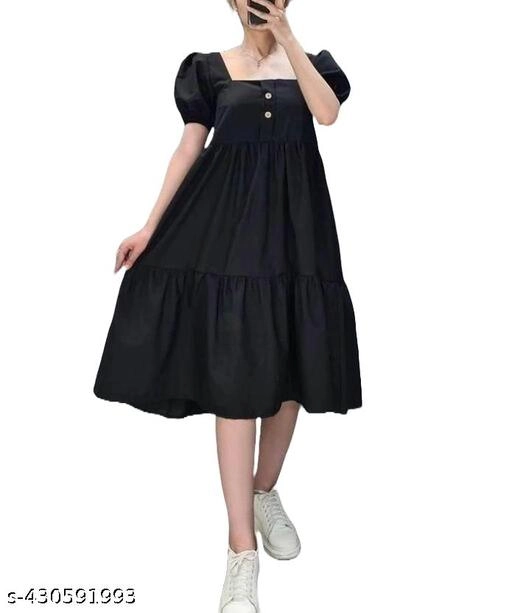 Crepe Solid Dress for Women (Black, S)