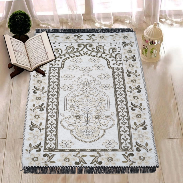 Chenille Handcrafted Muslim Islamic Prayer Mat (White)