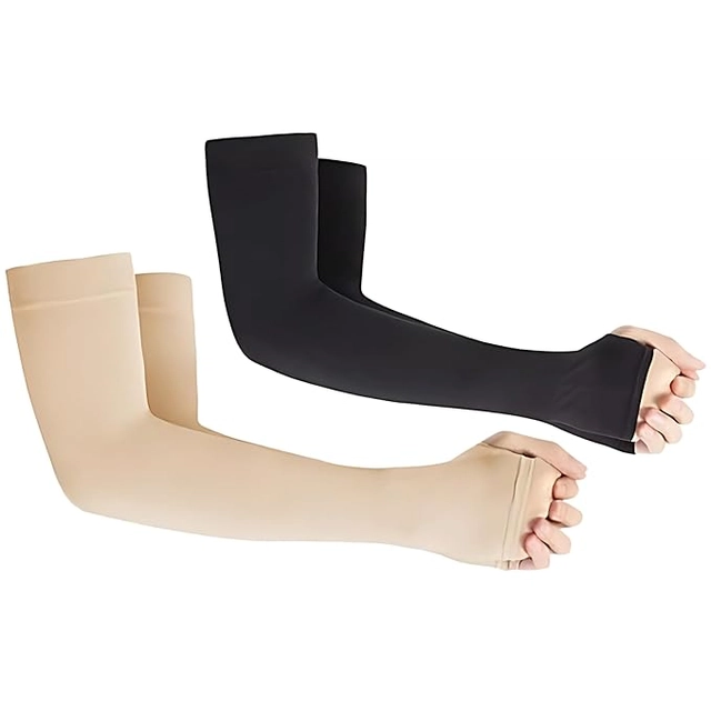 Polycotton Arm Sleeves for Men & Women (Black & Beige, Set of 2)