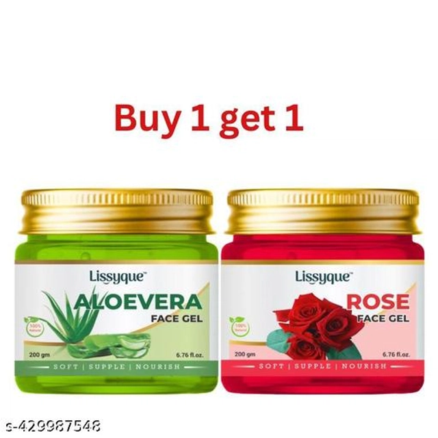  Lissyque Aloevera & Rose Face Gel, Face And Hair, Ideal For Acne Scars, Dark Circle, Moisturising, Soothing, Multipurpose Gel - 200 gm (Buy One Get One)