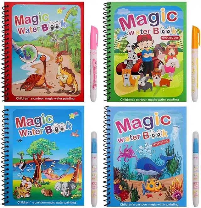 Reusable Quick Dry Water Painting Book with Doodle Pen for Kids (Multicolor, Pack of 4)