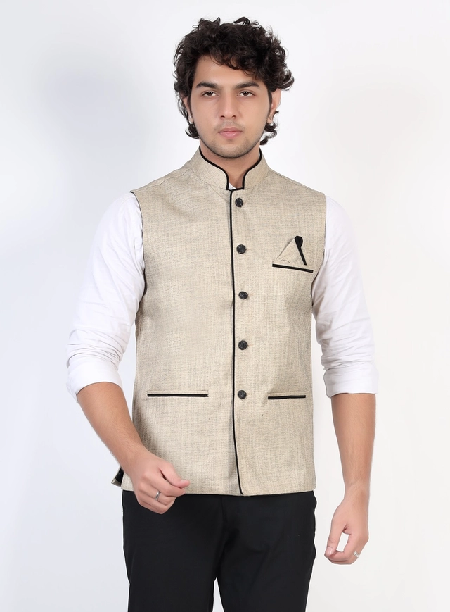 Jute Khadi Solid Waistcoat for Men (Gold, M)