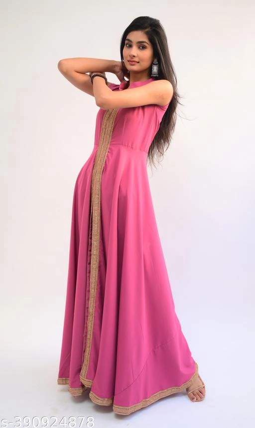 Crepe Solid Gown for Women (Pink, XS)