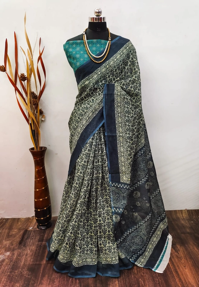 Linen Printed Saree for Women (Multicolor, 6.3 m)