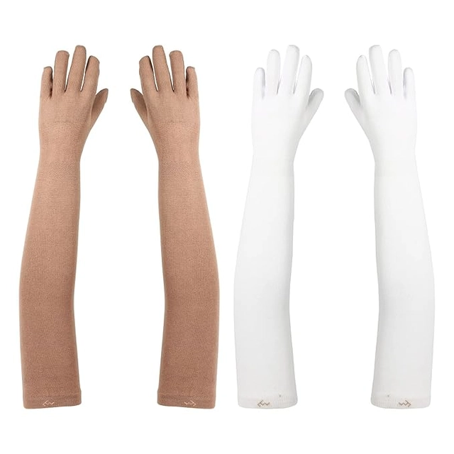 Cotton Solid Full Hand Gloves for Men & Women (Beige & White, Set of 2)