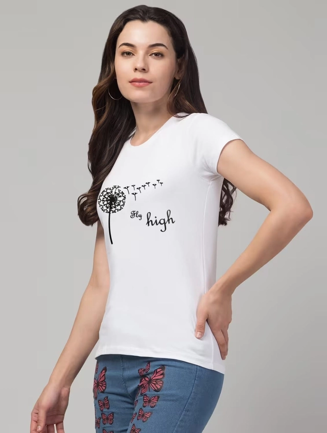 Round Neck Printed T-Shirt for Women (White, S)