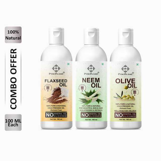 PuriFlame Pure Flaxseed Oil (100 ml) & Neem Oil (100 ml) & Olive Oil (100 ml) Combo For Rapid Hair Growth (Pack Of 3) (B-4188)