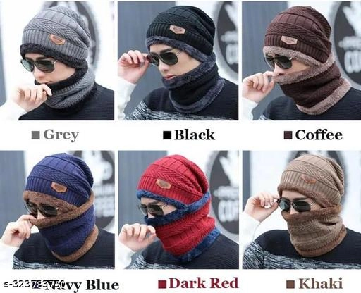 Woolen Cap with Neck Warmer for Men (Multicolor, Set of 1)