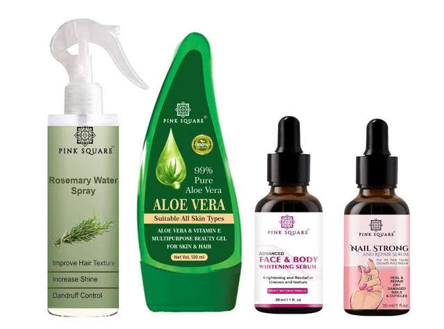 Combo of Pink Square Rosemary Water Hair Spray (100 ml) with Aloevera Gel (130 ml), Face & Body Whitening Serum (30 ml) & Lip Serum (30 ml) (Set of 4)