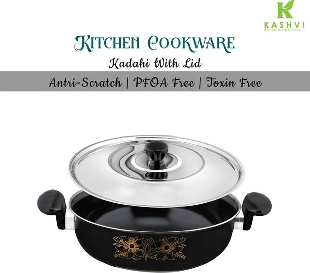 Cast Iron Kadai with Lid (Black & Silver, 28 cm)