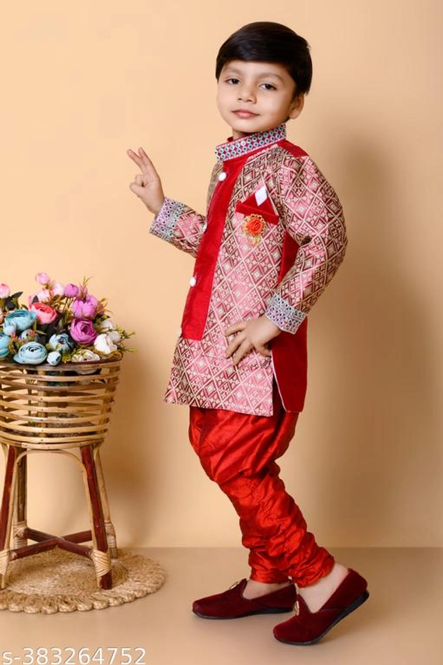 Cotton Blend Sherwani for Boys (Red, 6-9 Months)