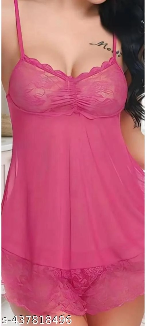 Net Solid Babydoll for Women (Pink, XXS)