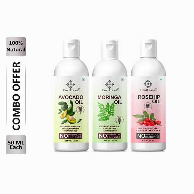 Puriflame Pure Avocado Oil (50 ml), Moringa Oil (50 ml) & Rosehip Oil (50 ml) Combo for Rapid Hair Growth (Pack of 3) (B-9084)
