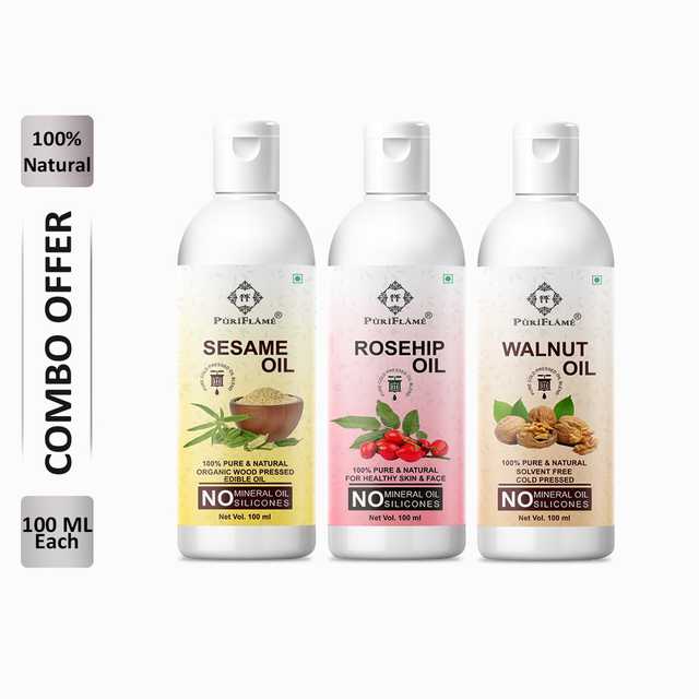 PuriFlame Pure Sesame Oil (100 ml) & Rosehip Oil (100 ml) & Walnut Oil (100 ml) Combo For Rapid Hair Growth (Pack Of 3) (B-7702)