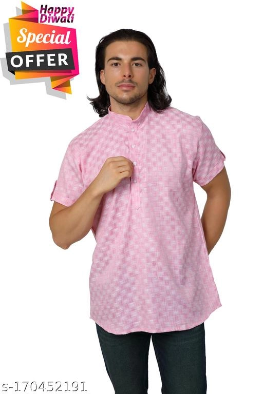 Dupion Silk Printed Short Kurta for Men (Pink, S)