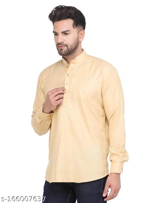 Cotton Blend Solid Short Kurta for Men (Beige, S)