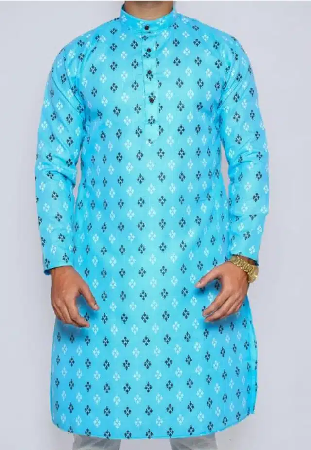 Cotton Printed Full Sleeves Kurta with Pyjama for Men (Sky Blue, M)