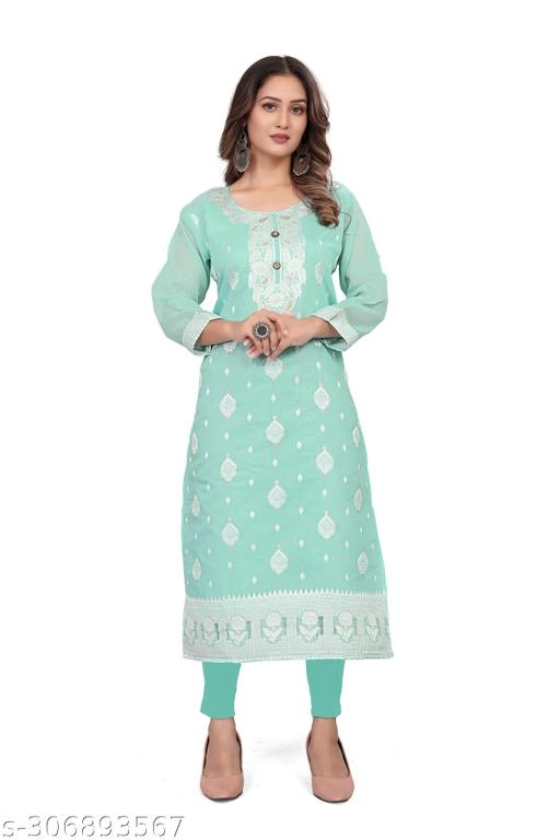 Cotton Embroidered Kurti for Women (Sky Blue, L)