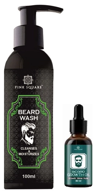 Pink Square Beard Wash (100 ml) & Beard Growth Oil for Men (30 ml) (Set of 2)