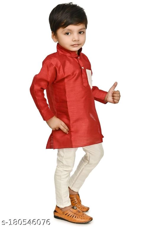 Art Silk Kurta with Pyjama Set for Kids (Maroon & White, 2-3 Years)