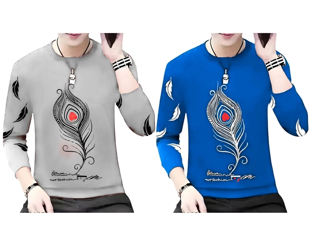 Round Neck Printed T-Shirts for Men (Grey & Royal Blue, S) (Pack of 2)