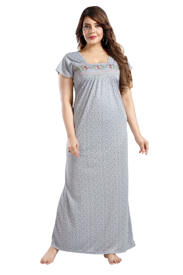 Hosiery Printed Nightdress for Women (Grey, M)