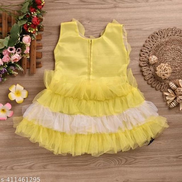 Net Frock for Girls (Yellow & White, 9-12 Months)