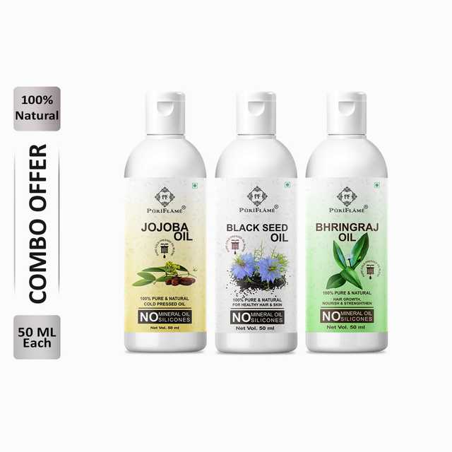 Puriflame Pure Jojoba Oil (50 ml), Black Seed Oil (50 ml) & Bhringraj Oil (50 ml) Combo for Rapid Hair Growth (Pack Of 3) (B-11419)