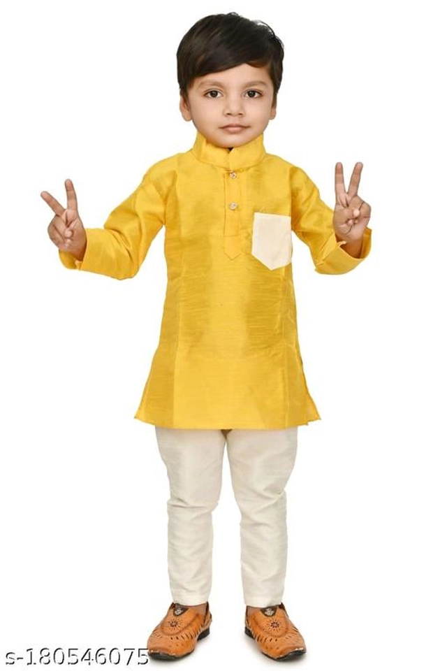 Art Silk Kurta with Pyjama Set for Kids (Yellow & White, 2-3 Years)