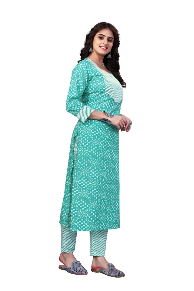 Cotton Blend Solid Kurta with Bottomwear for Women (Sea Green, S)