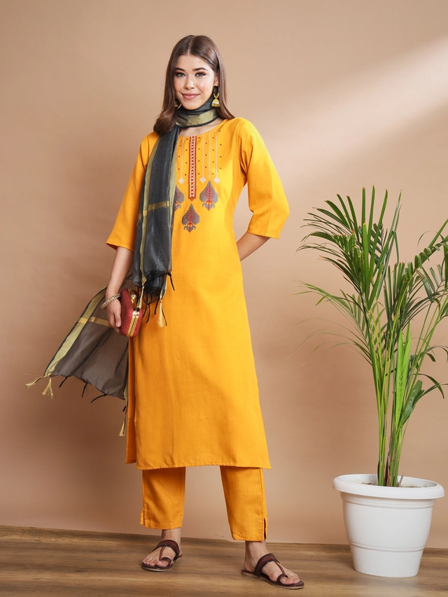 Cotton Blend Embroidered Kurta with Pant for Women (Multicolor, M)