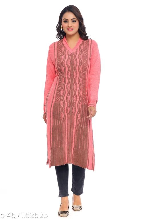 Woolen Printed Kurti for Women (Pink, L)