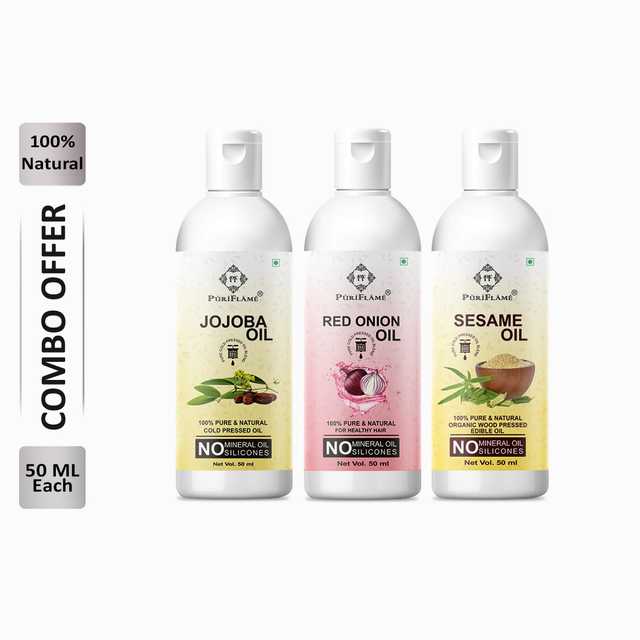 Puriflame Pure Jojoba Oil (50 ml), Red Onion Oil (50 ml) & Sesame Oil (50 ml) Combo for Rapid Hair Growth (Pack of 3) (B-11601)