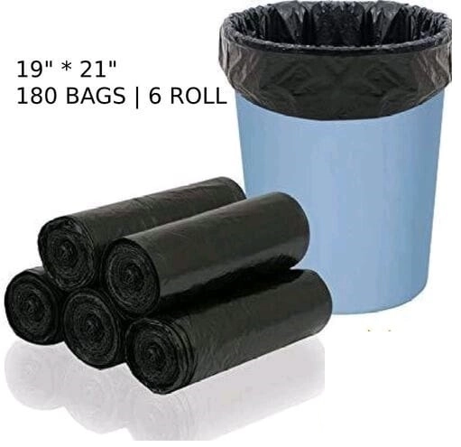 Disposable Garbage Bags (Black, 19x21 inches) (30 Pcs in 1 Roll, Pack of 6 Rolls)