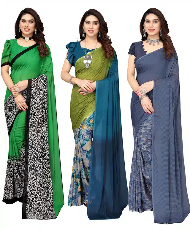 Women's Designer Floral Printed Saree with Blouse Piece (Pack of 3) (Multicolor) (SD-101)