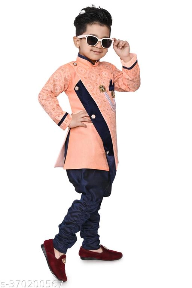 Cotton Blend Sherwani for Boys (Peach & Navy Blue, 9-12 Months)