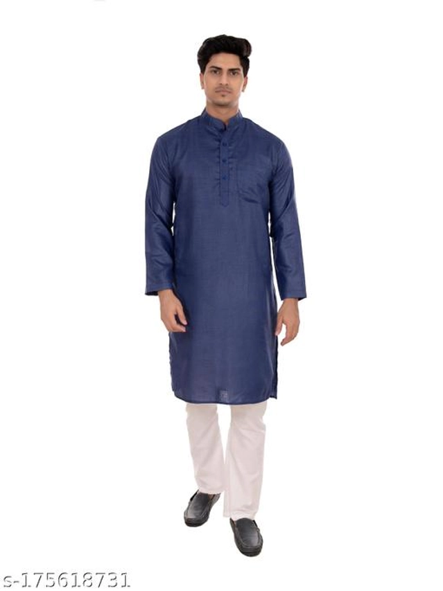 Cotton Blend Kurta for Men (Navy Blue, S)