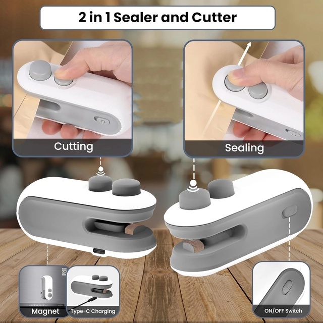 Rechargeable Portable Handheld Packet Sealer Mini Sealing Machine (White & Grey)