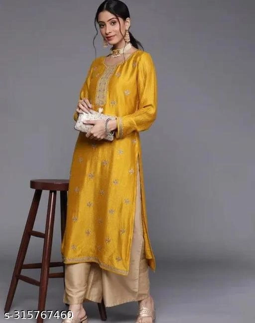 Cotton Silk Embroidered Kurti for Women (Yellow, XS)