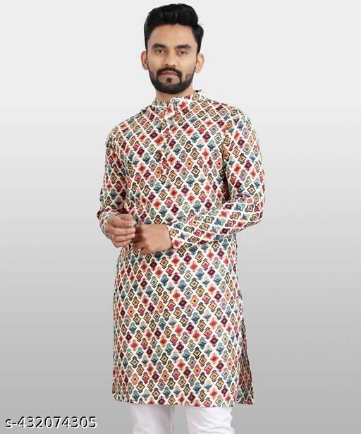 Cotton Printed Kurta with Pyjama for Men (S, Multicolor)