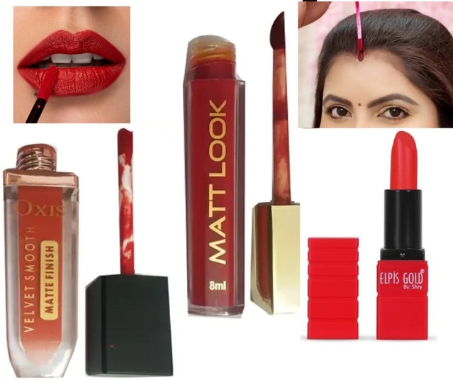 Combo of Matt Look Liquid Sindoor & Elpis Gold Matte Lipstick with Oxis Velvet Smooth Matte Finish Liquid Lip Color (Multicolor, Set of 3)