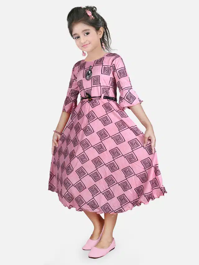 Three Quarter Sleeves Gown for Girls (Pink, 10-11 Years)