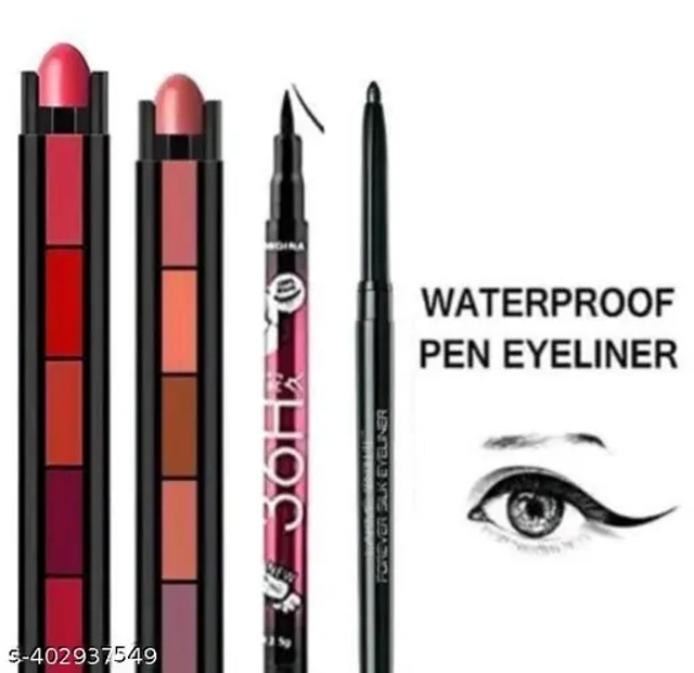 36 H Eyeliner With Kajal & 2 Pcs 5 In 1 Lipstick (Multicolor, Set Of 3)