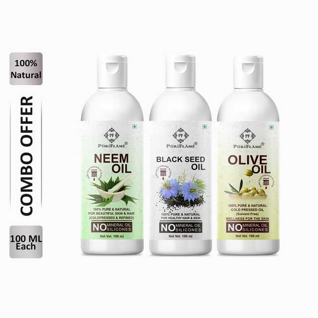 PuriFlame Pure Neem Oil (100 ml) & Blackseed Oil (100 ml) & Olive Oil (100 ml) Combo For Rapid Hair Growth (Pack Of 3) (B-5771)