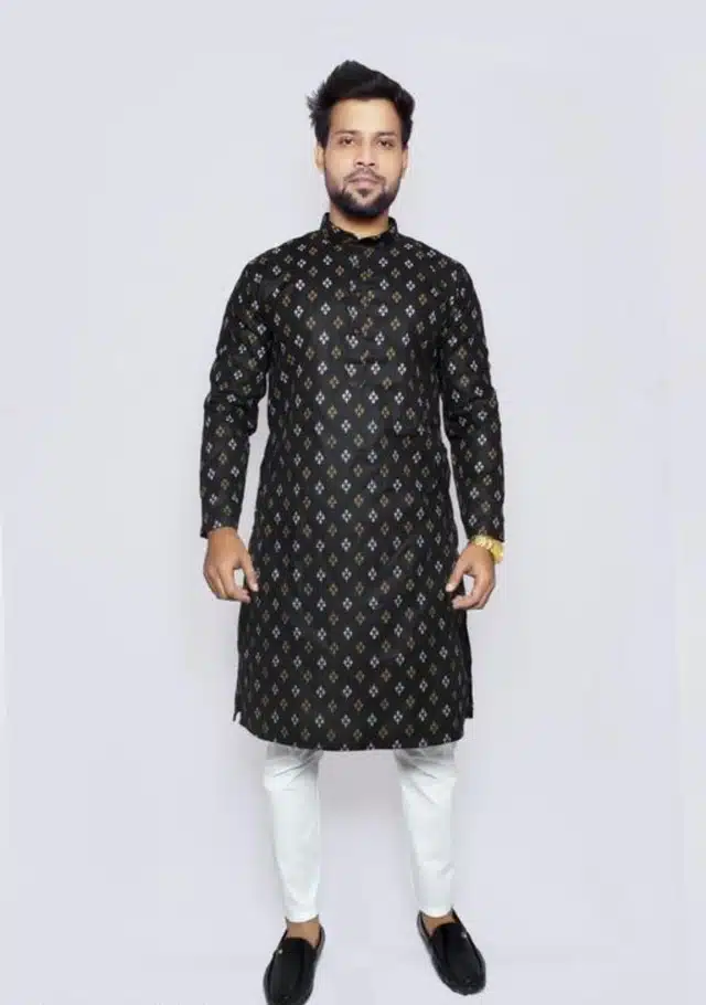 Cotton Printed Full Sleeves Kurta with Pyjama for Men (Black, M)