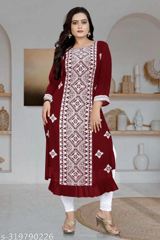 Georgette Embroidered Kurti for Women (Maroon, M)