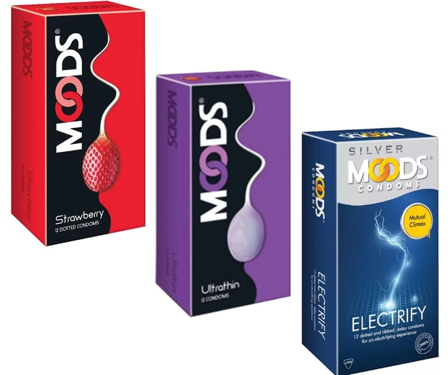 Moods Electricity with Ultra Thin & Strawberry 12 Pcs Dotted Condoms for Men (Set of 3)