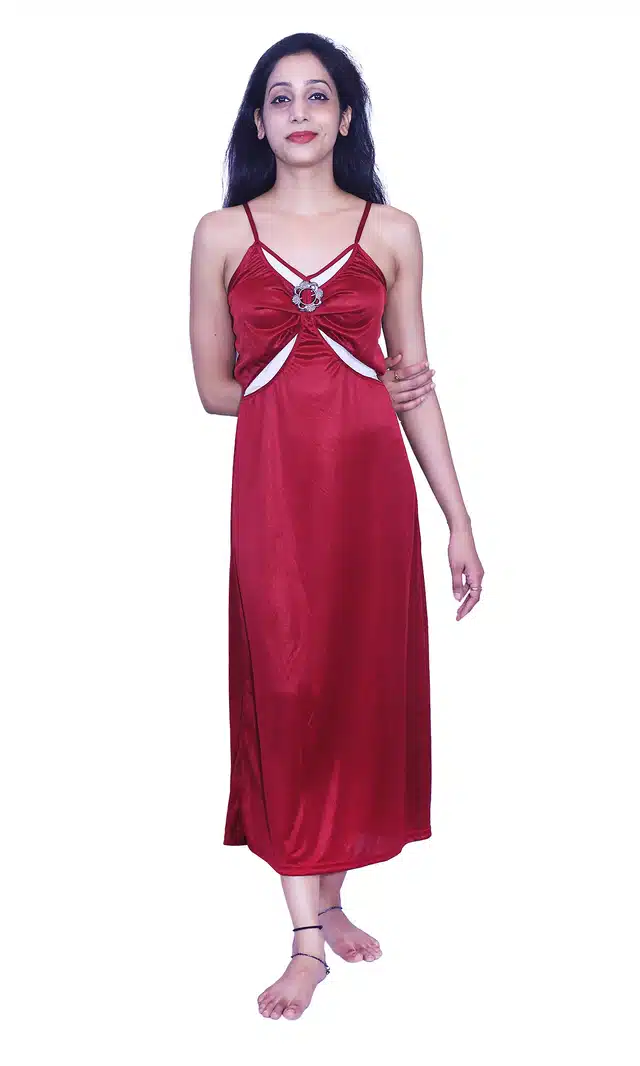 Satin Self Design Night Dress for Women (Maroon, Free Size)