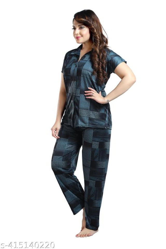 Satin Nightsuit for Women (Teal & Black, M)