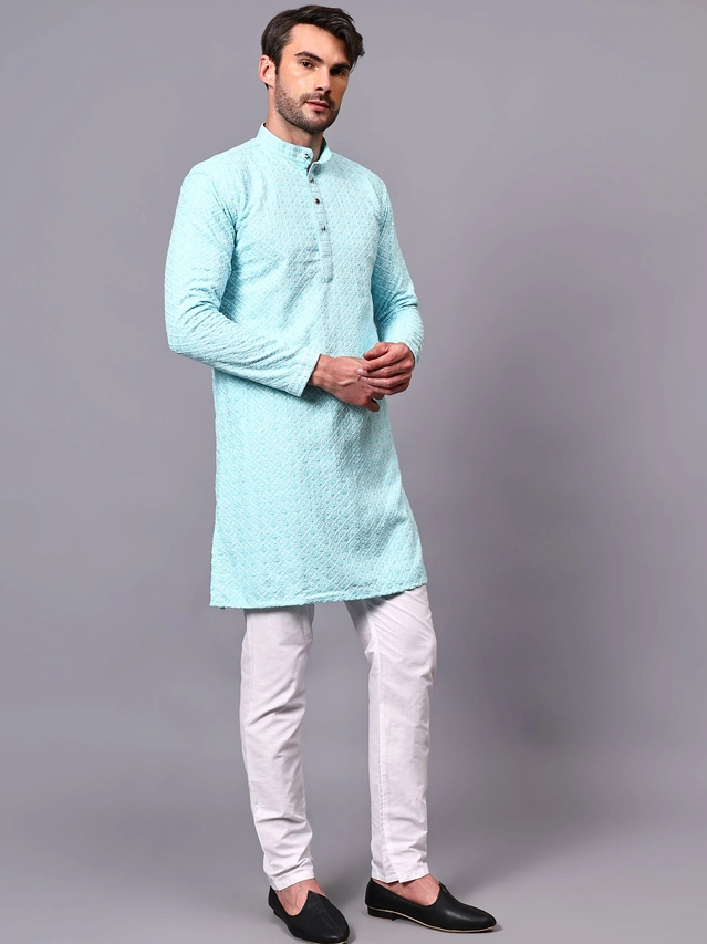 Rayon Embroidered Kurta with Pyjama for Men (Aqua Blue & White, S)